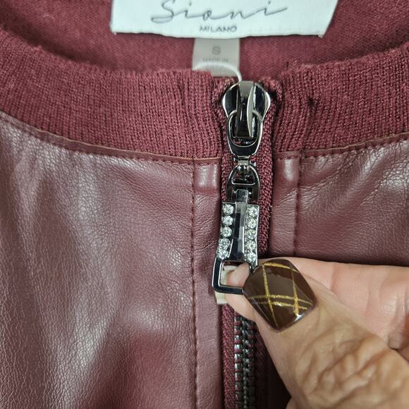 Sioni Milano Faux Leather Jacket sz S Merlot Zip Up Open Knit Sleeve Rhinestone - Picture 5 of 16